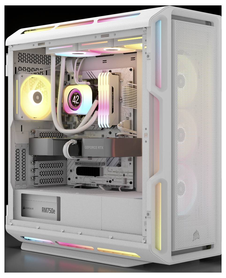 Ein maßgefertigter Gaming-PC mit RGB-Beleuchtung, der eine transparente Seitenscheibe zeigt. Zu den Merkmalen gehören eine Grafikkarte, Kühlsystem und beleuchtete Komponenten.