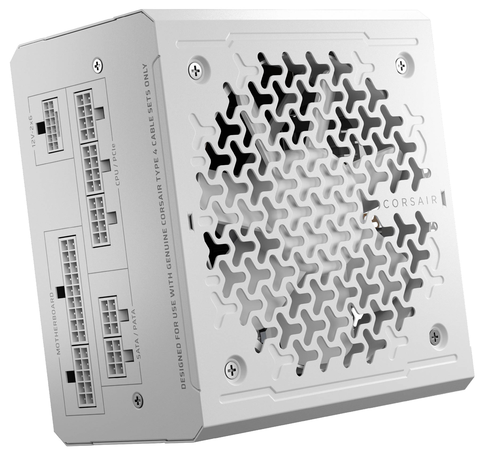 Eine weiße Computernetzteile mit mehreren Anschlüssen, Lüftungsgitter und dem Corsair-Logo ist abgebildet, geeignet für Gaming-PCs.
