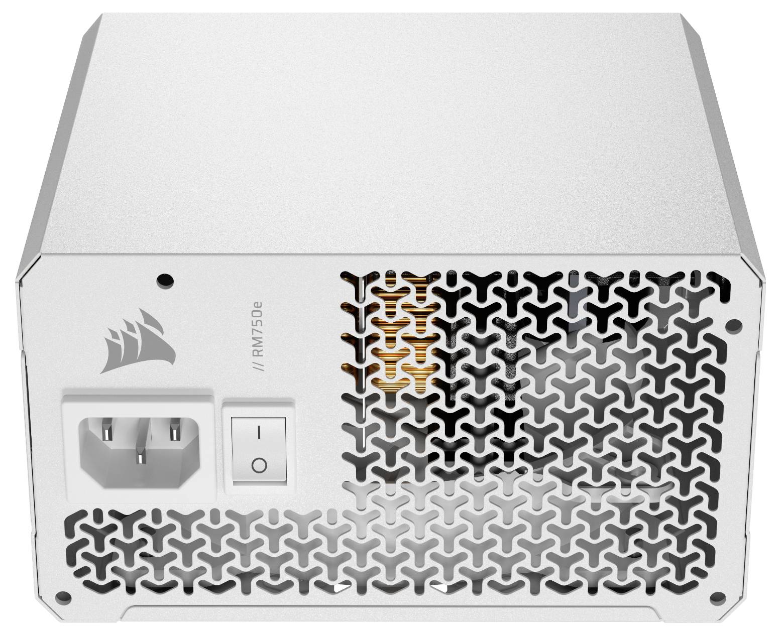 Ein Netzteil mit Metallgehäuse, Lüfteraustrittsöffnung und einem Ein-/Ausschalter neben der Stromeingangsbuchse.