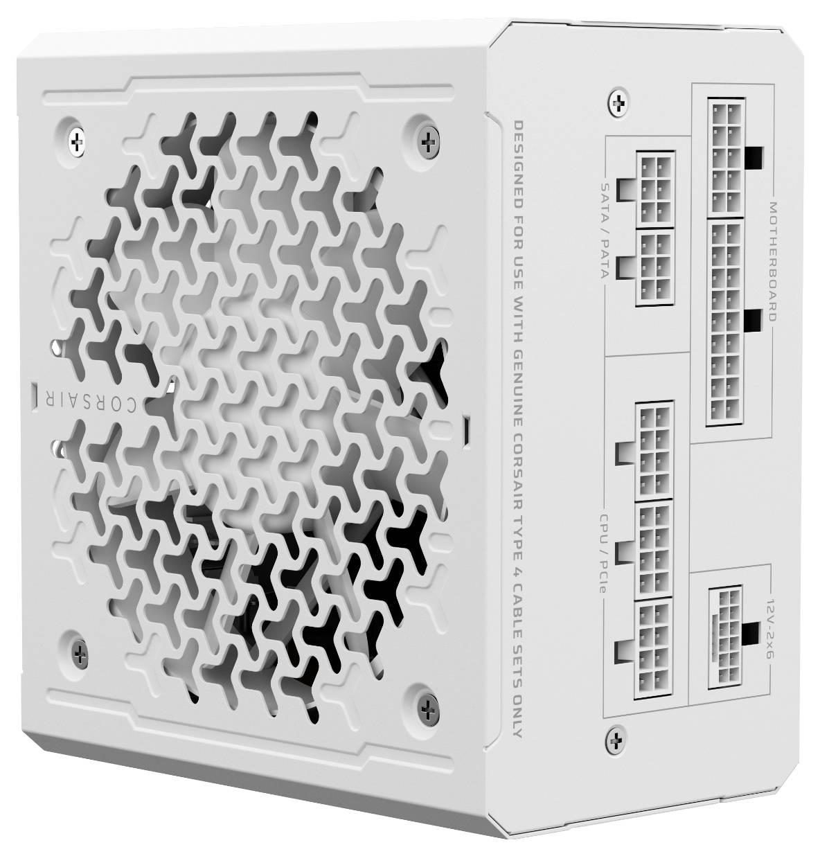 Ein weißes Computer-Netzteil mit mehreren beschrifteten Anschlüssen, einschließlich 