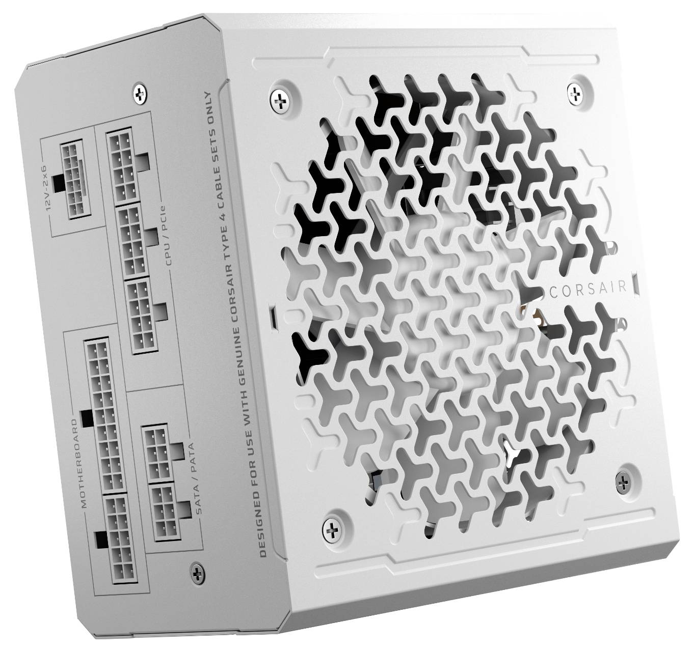 Eine weiße Corsair Netzteileinheit mit einem Wabenlüftungsmuster und verschiedenen beschrifteten Stromausgabeports.