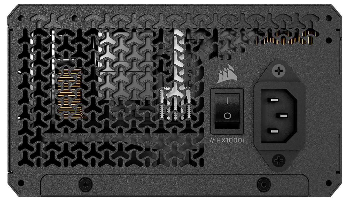 Computernetzteil (Netzteil) mit Lüftungsgitter, Netzschalter und Netzanschluss, beschriftet mit 'HX1000i'.