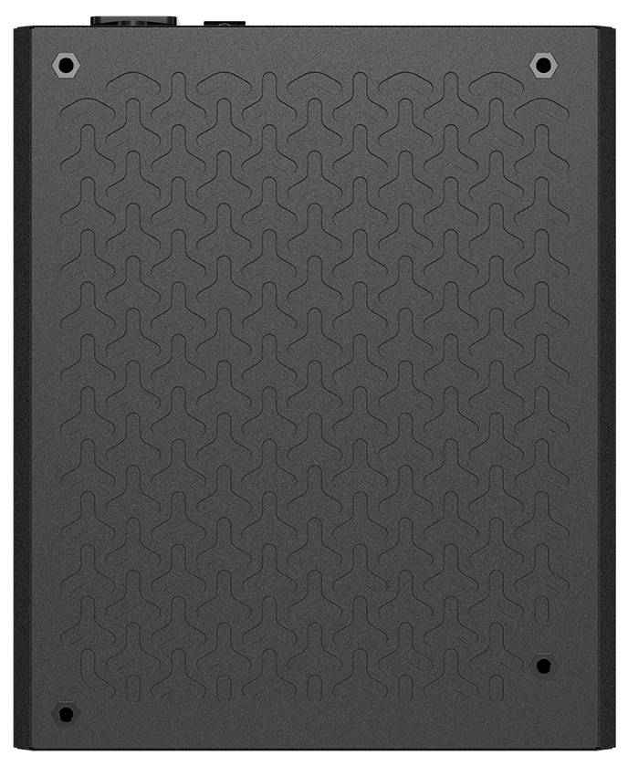 Eine schwarze elektronische Gerätehülle mit einem geometrischen Muster auf der Oberfläche, die vier Befestigungslöcher aufweist, von oben betrachtet.