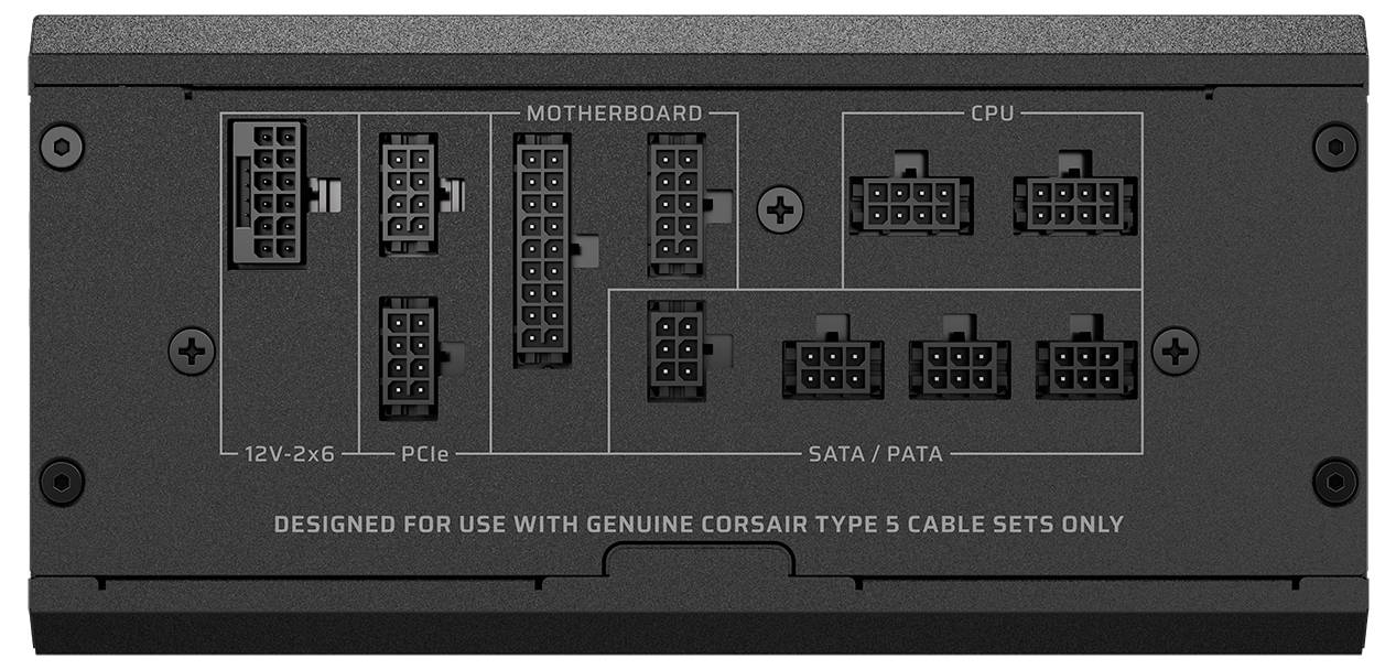 Rückseite eines Netzteils mit beschrifteten Anschlüssen für Mainboard, CPU, PCIe und SATA-Verbindungen; Anleitungstext darunter.