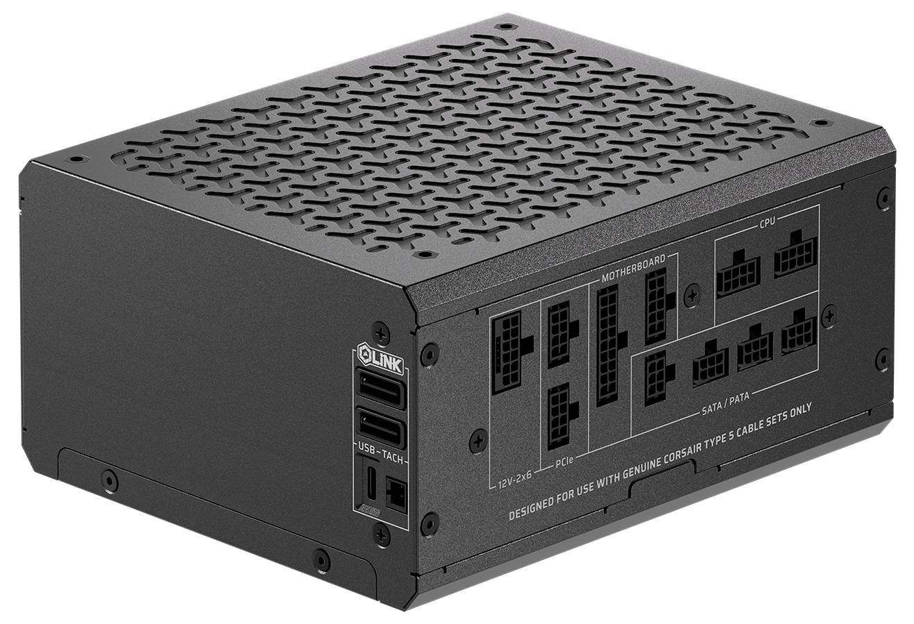 Eine schwarze Computer-Netzteileinheit mit mehreren beschrifteten Anschlüssen für Mainboard, CPU und SATA-Verbindungen. Belüftungslöcher auf der Oberseite.