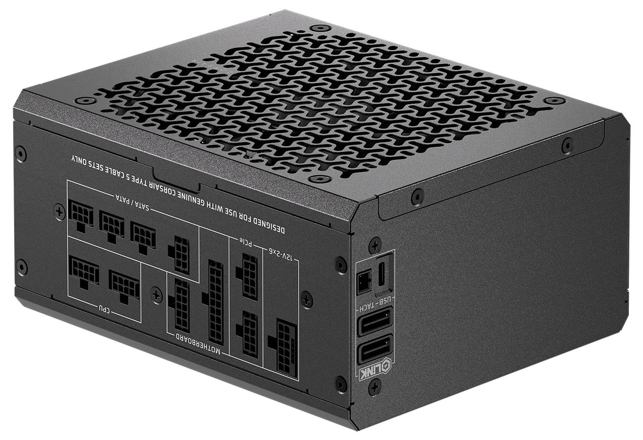 Eine Computer-Netzteileinheit mit mehreren Anschlüssen auf einer Seite, einer gelüfteten Oberseite für Luftzirkulation und Markierungen, die verschiedene Anschlussports kennzeichnen.