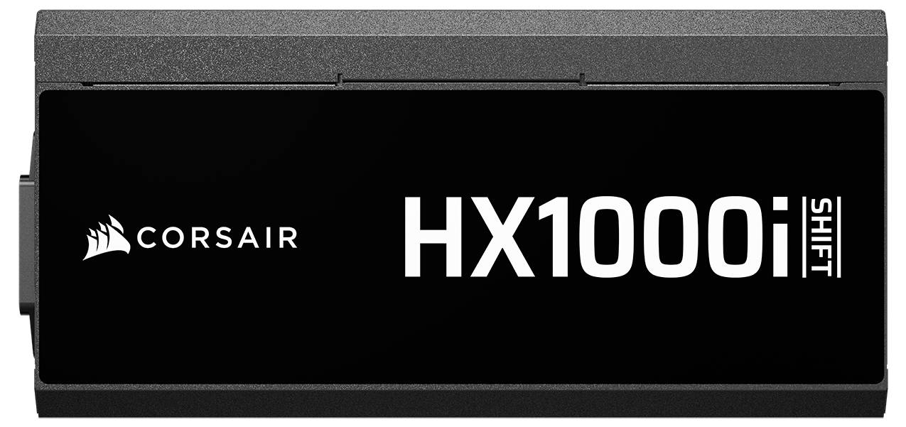 Netzteil des Typs 'Corsair HX1000i Shift' mit elegantem schwarzem Design, das das Corsair-Logo und den Modellnamen auf dem seitlichen Bedienfeld trägt.