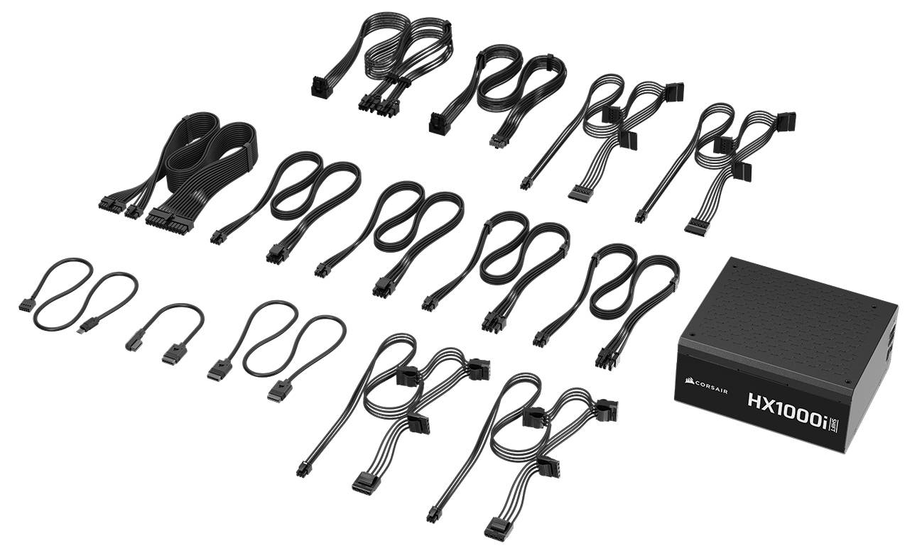 Corsair HX1000i Netzteil mit verschiedenen Kabeln, einschließlich Motherboard-, CPU-, PCIe- und Peripherieanschlüssen, ordentlich arrangiert.