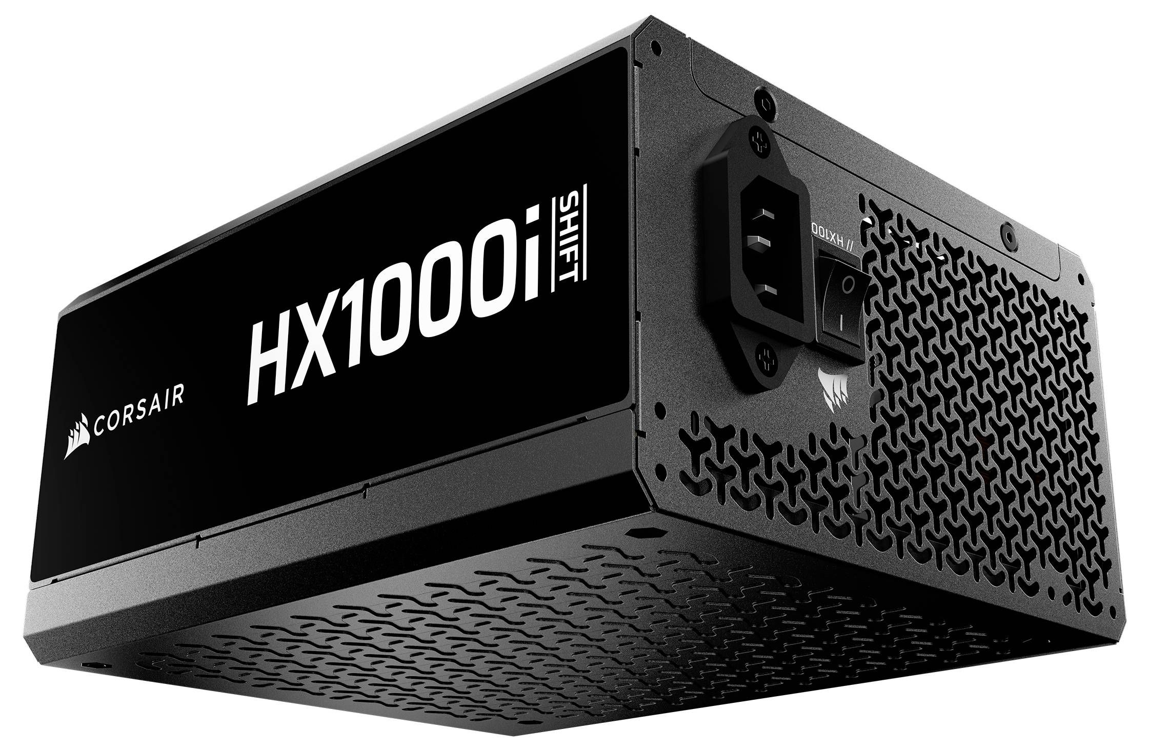 Netzteil 'Corsair HX1000i Shift' mit schwarzem Gehäuse und Lüftungsgitter.