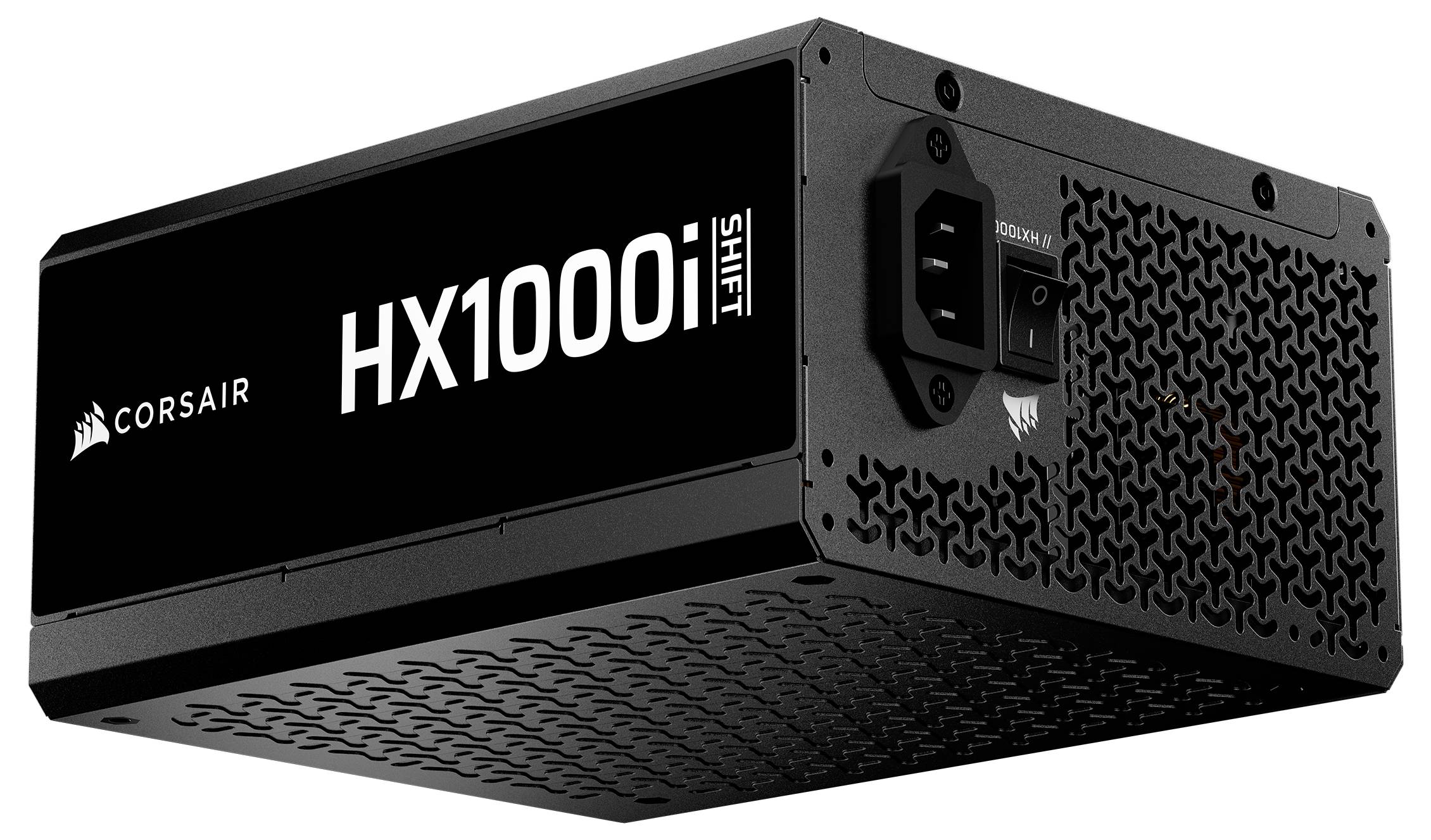 'Corsair HX1000i SHIFT' Netzteil mit elegantem Design, Lüftungsgitter und Markenlabel, geeignet für High-Performance-PCs.