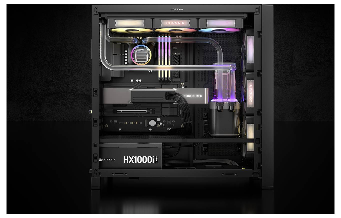 Ein transparenter Computergehäuse zeigt Innenkomponenten einschließlich eines Corsair HX1000i Netzteils, Kühlschläuchen und bunten LED-Lichtern.