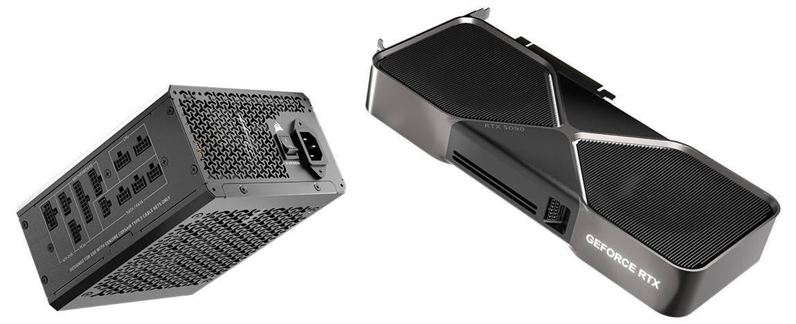 Grafikkarte und Netzteil vor einem weißen Hintergrund, mit sichtbaren Anschlüssen und Markierung.