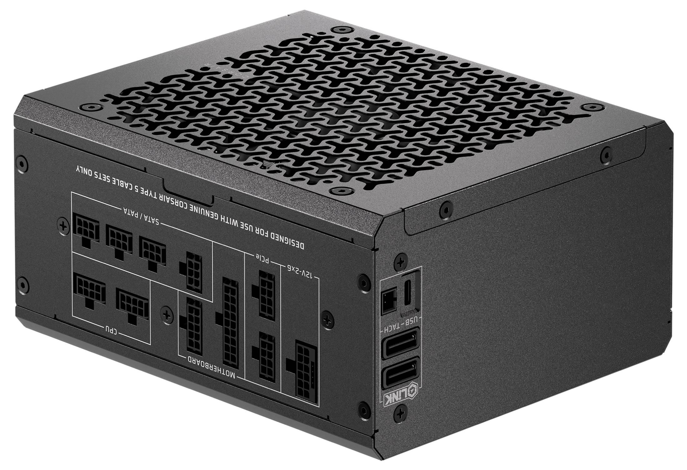 Eine modulare Computer-Netzteileinheit mit mehreren Anschlussports und Kabeln, ausgestattet mit einem schwarzen Metallgehäuse und einem Lüftungsgitter auf der Oberseite.