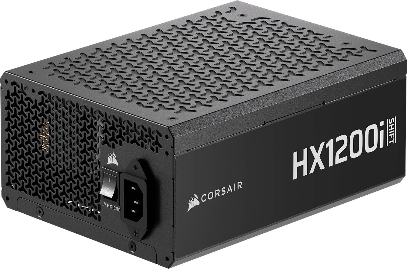 Eine schwarze Corsair HX1200i Netzteileinheit mit einem Wabenmuster zur Belüftung. Die Einheit verfügt über einen Netzschalter und eine Netzeingangsbuchse.