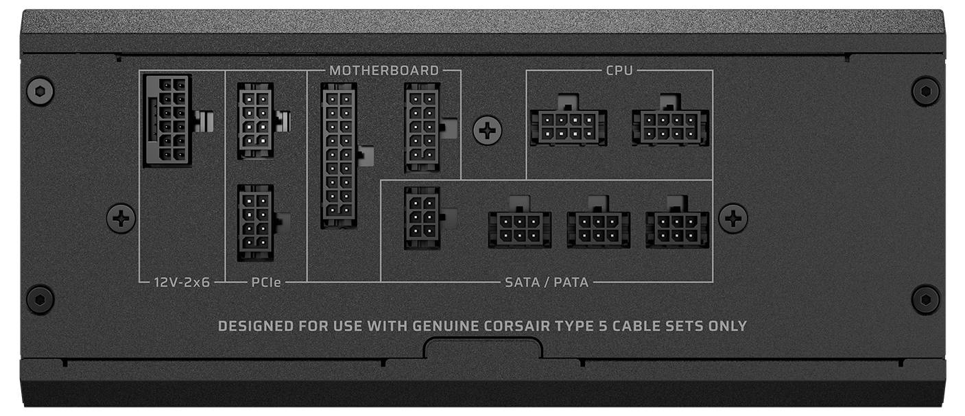 Corsair Netzteil Rückseite mit Anschlüssen für Mainboard, PCIe, CPU und SATA/PATA. Gekennzeichnet nur für originale Corsair Type 5 Kabel.