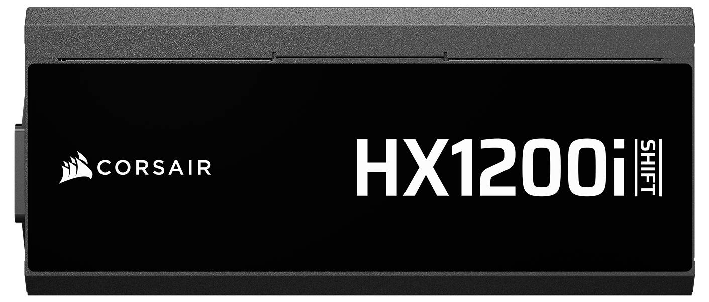 'Corsair HX1200i SHIFT' Branding auf einer schwarzen und grauen Computer-Hardwarekomponente.