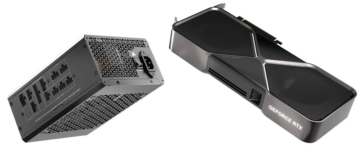 Eine Computernetzteils und eine Grafikkarte werden gezeigt, beide mit elegantem Design und dem Logo 'GeForce RTX' auf der Grafikkarte.