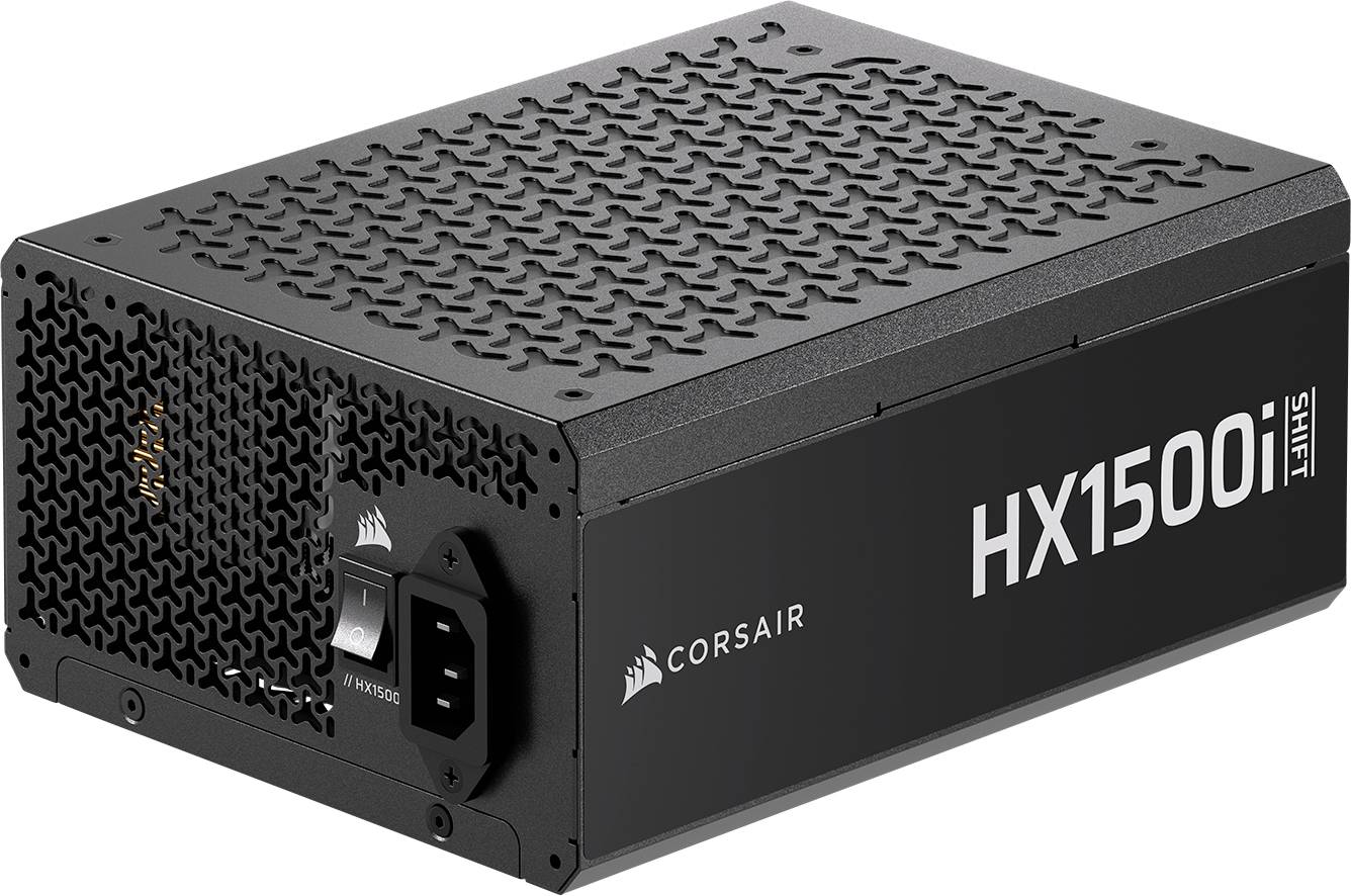 Eine schwarze Corsair HX1500i Shift Netzteileinheit mit einem Netzschalter und IEC-Anschluss, die an der Seite ein Netzdesign aufweist.