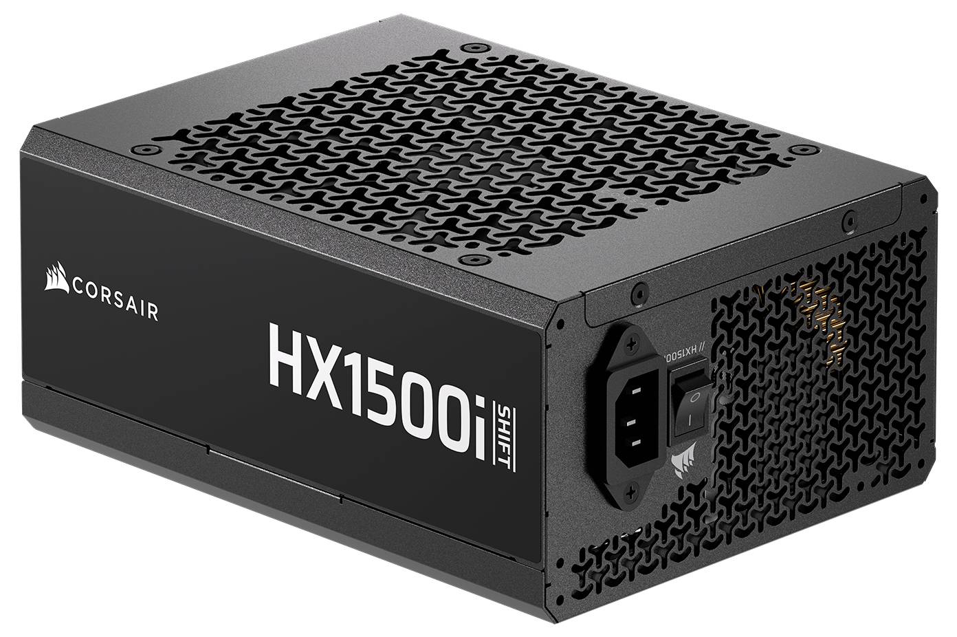 Corsair HX1500i Netzteil, schwarzes rechteckiges Design, belüftete Seite, mit Aufschrift 'SHIFT', Netzschalter und Buchse sichtbar.