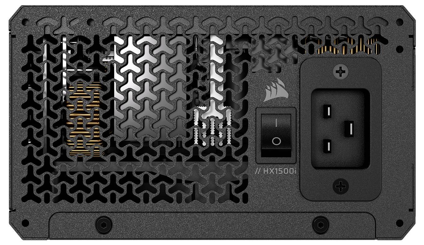 Rückansicht des Corsair HX1500i-Netzteils mit Netzschalter, Stromeingang und Lüftungsgitter.