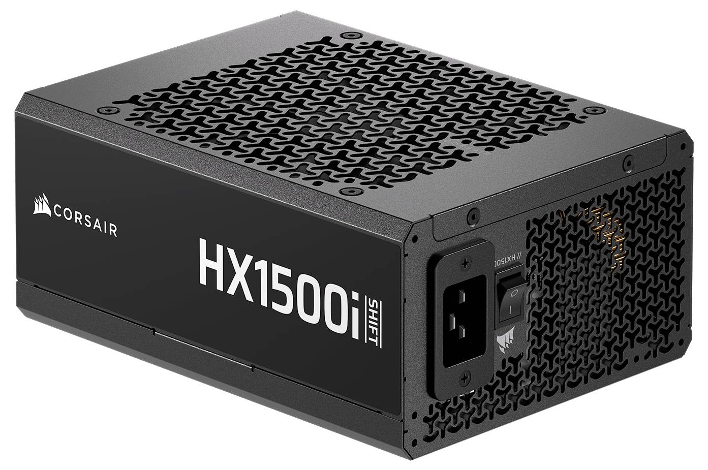 Netzteil 'Corsair HX1500i' mit schwarzem Gehäuse und Belüftung, Seitenetikett mit Modellbezeichnung.