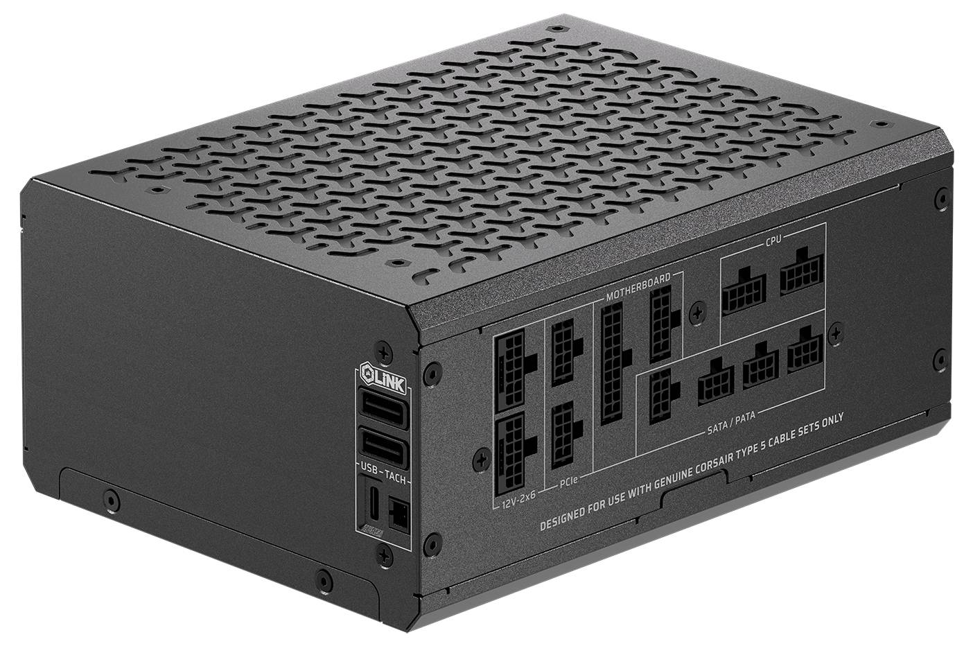 Eine schwarze Computer-Netzteileinheit mit mehreren beschrifteten Anschlüssen für Verbindungen, einschließlich Motherboard, CPU und Peripheriegeräten.