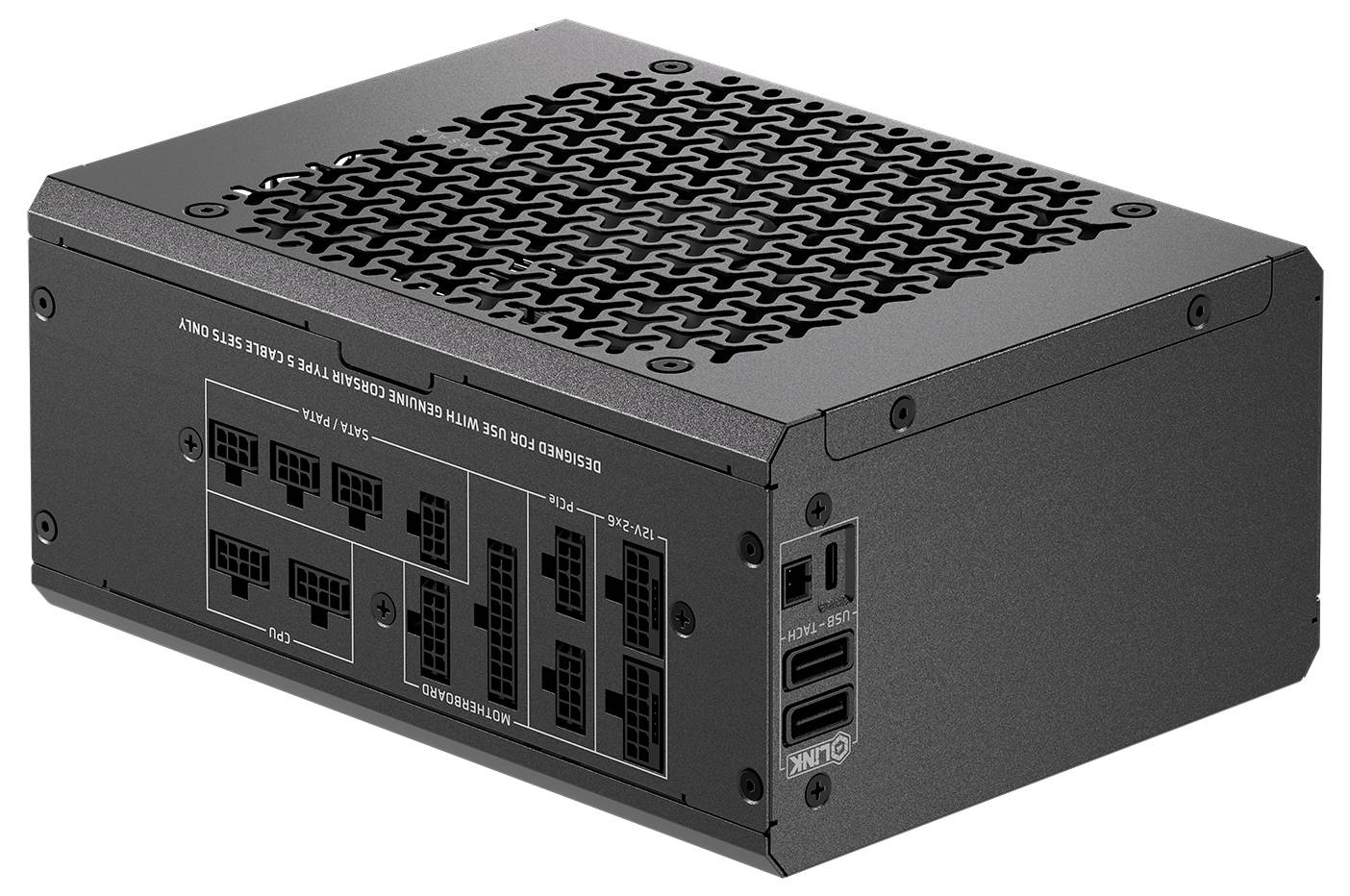 Eine Computernetzteile mit verschiedenen Anschlüssen und Lüftungsgitter, entwickelt für die Verbindung mit unterschiedlichen PC-Komponenten.