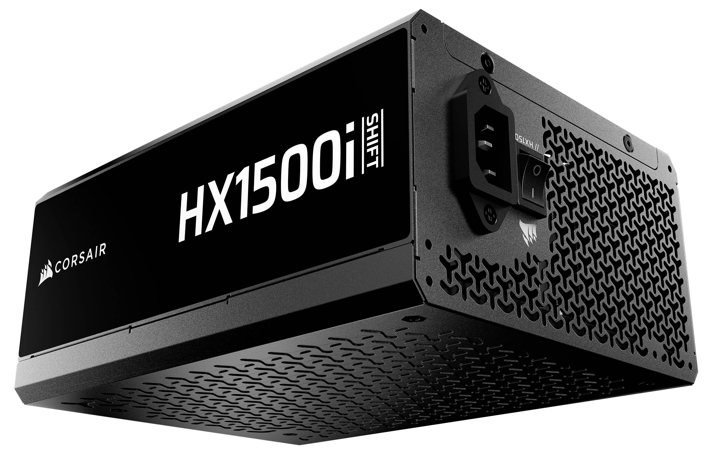 Netzteil für Computer von Corsair mit der Bezeichnung 'HX1500i SHIFT', das ein schwarzes Gehäuse und ein sichtbares Lüftungsmuster an der Seite aufweist.