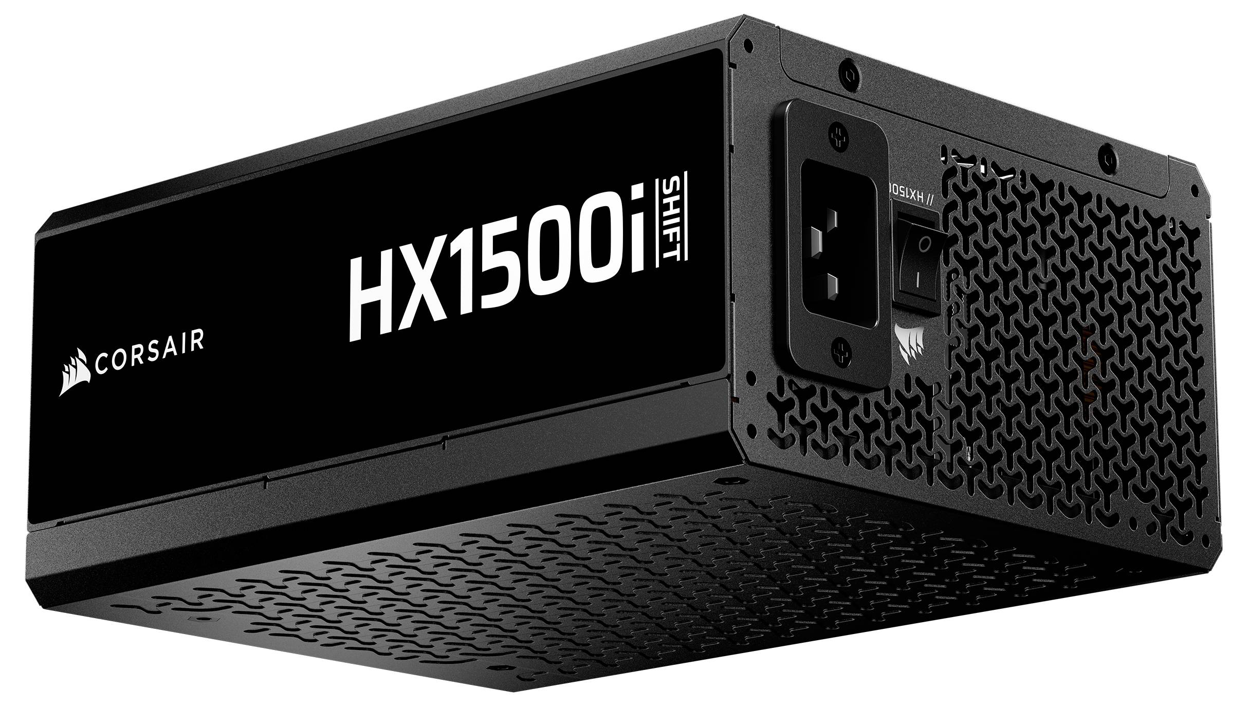 'Corsair HX1500i Shift' Netzteil mit schwarzem Gehäuse, Lüftungsmuster und Branding.