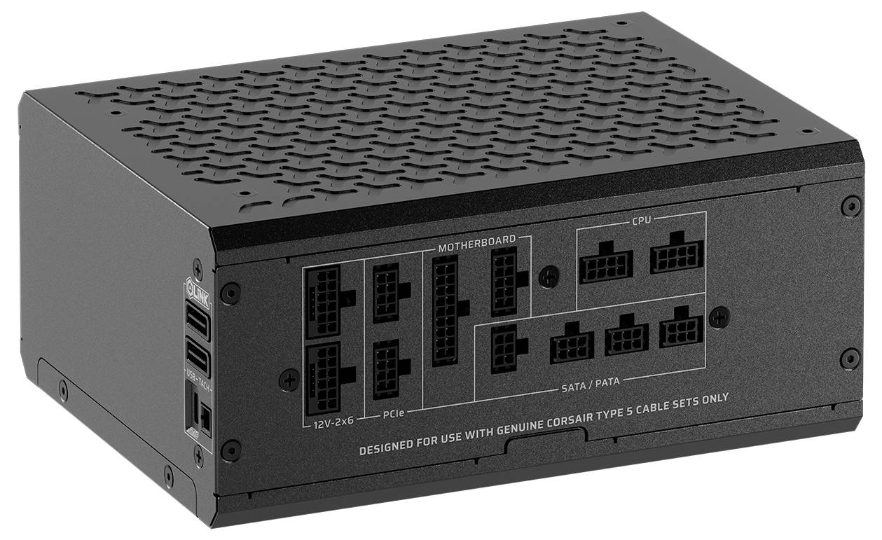 Schwarzes Computer-Netzteil mit beschrifteten Anschlüssen für Motherboard, CPU, PCIe und SATA/PATA-Verbindungen, umgeben von Lüftungslöchern.