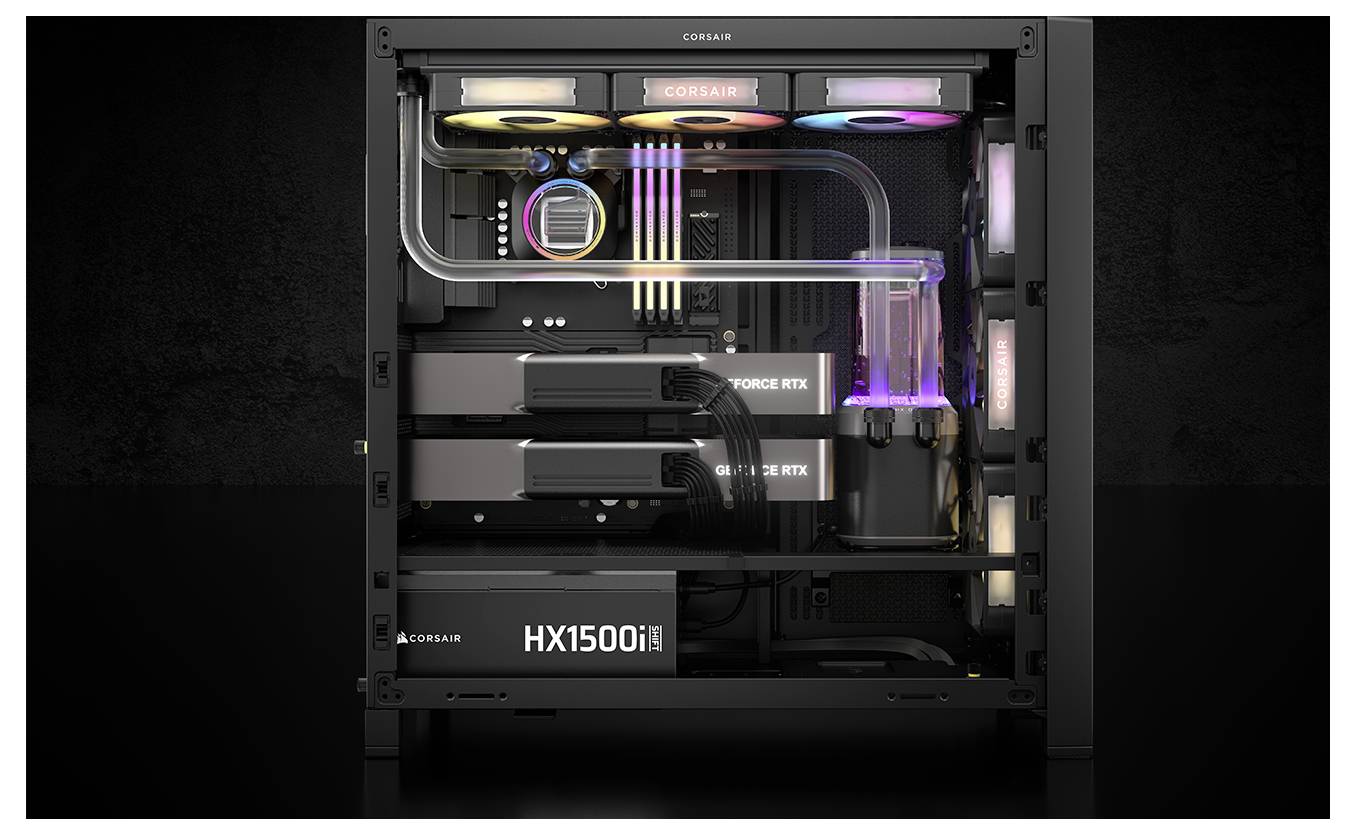 Gaming-PC mit transparenter Gehäusefront offenbart zwei Grafikkarten, RGB-Kühlventilatoren, Wasserkühlung und ein 'HX1500i' Netzteil.