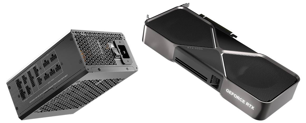 Eine Computernetzteil und eine Grafikkarte mit der Bezeichnung ‚GeForce RTX' werden nebeneinander ausgestellt und zeigen Computerkomponenten.