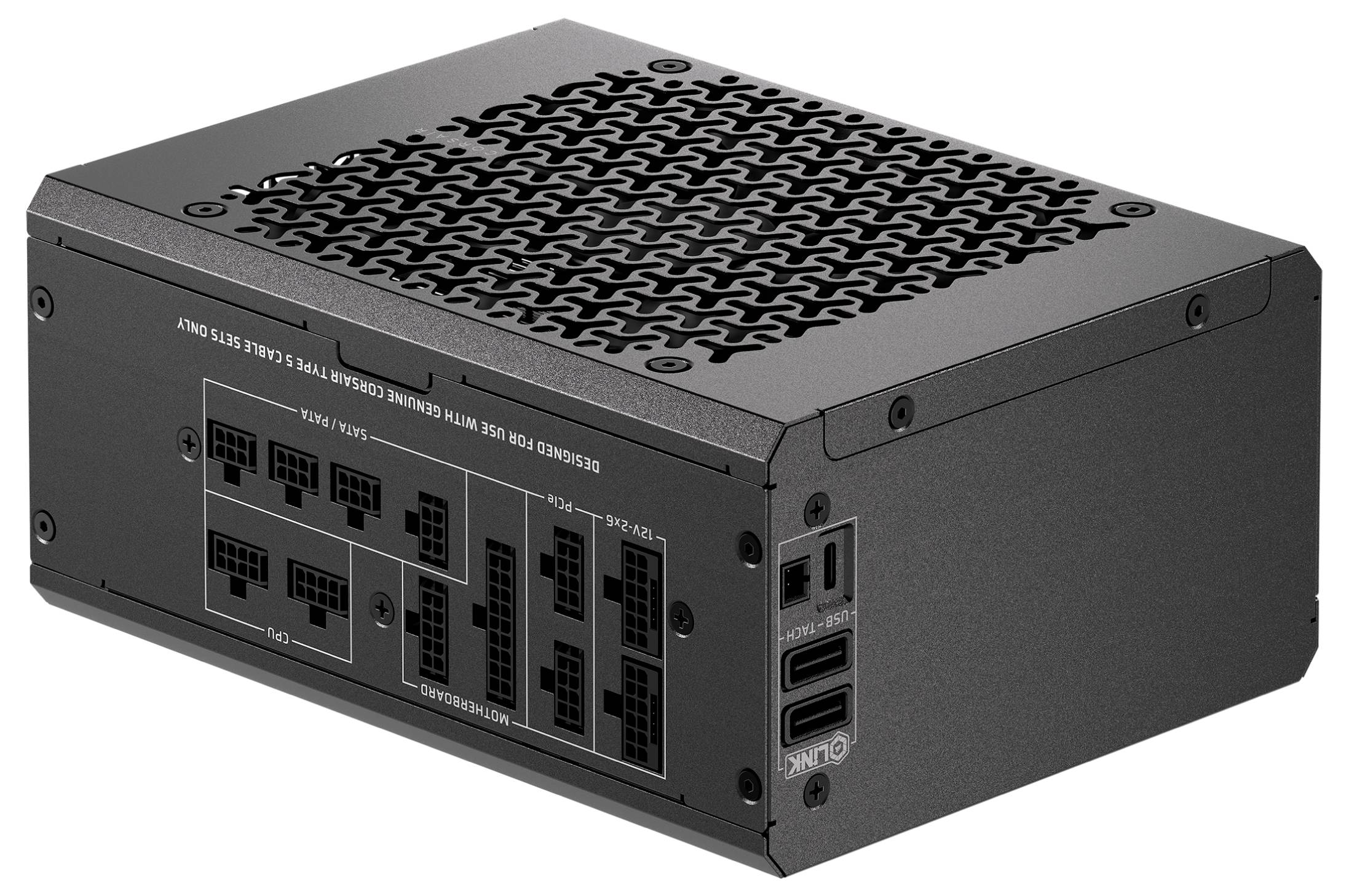 Eine schwarze modulare Computernetzteileinheit mit mehreren Anschlussports, einem Lüftungsgitter auf der Oberseite und Etiketten, die verschiedene Ausgänge kennzeichnen.