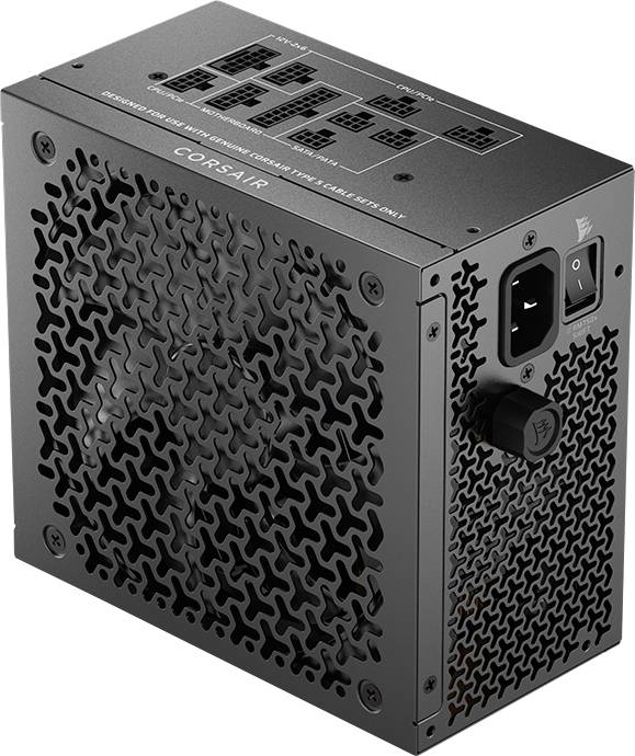 Eine schwarze Computer-Netzteileinheit mit Netzdesign, die Stromstecker und einen Schalter zeigt, mit der Markenbezeichnung 