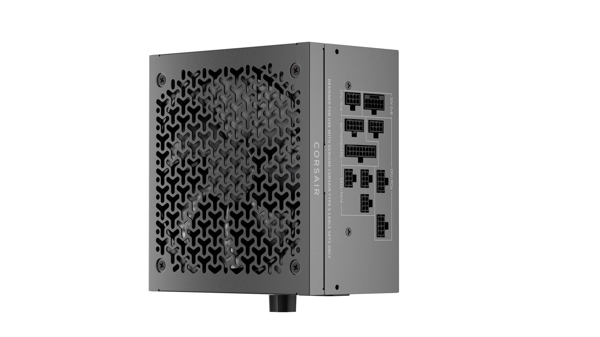 Eine schwarze Computer-Netzteileinheit mit einer Wabengitterstruktur und mehreren Anschlussports an ihrer Seite, mit dem Schriftzug 