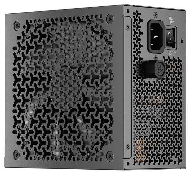 Eine Computernetzteile mit einem großen Lüfter und Netzschalter auf seinem Metallgehäuse, konzipiert zur Kühlung und elektrischen Verbindung.