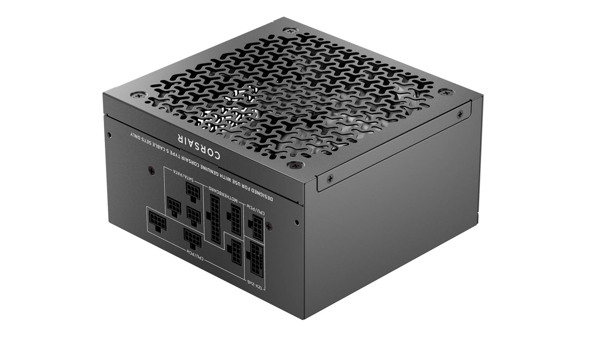 Schwarzes Computer-Netzteil mit sichtbaren Anschlüssen für Kabel. Obere Abdeckung mit Gittermuster für Luftzirkulation. Die Markenidentifikation ist Corsair.