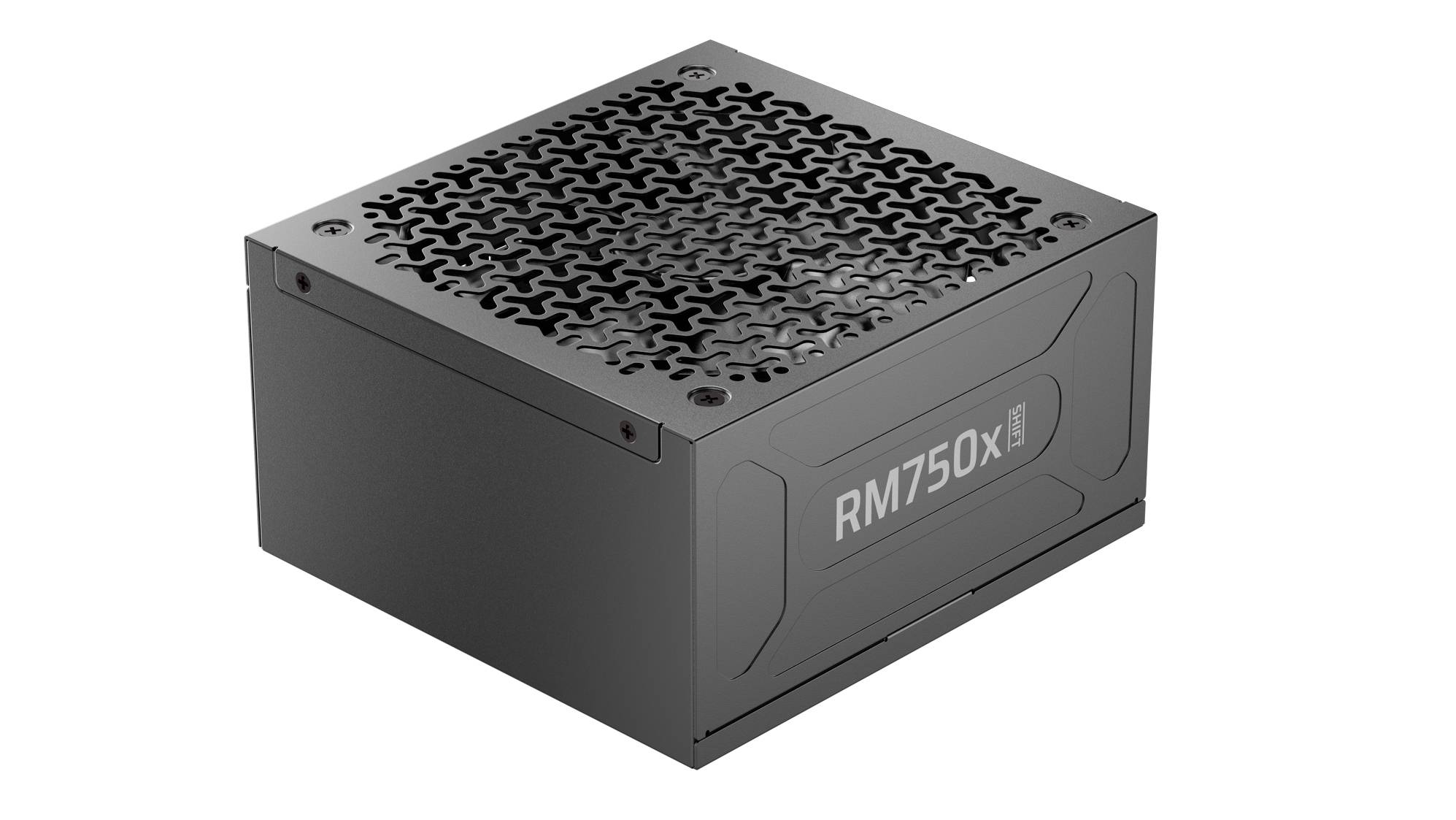 Ein schwarzes Computer-Netzteil mit Maschengitter-Oberfläche, beschriftet mit 'RM750X'.