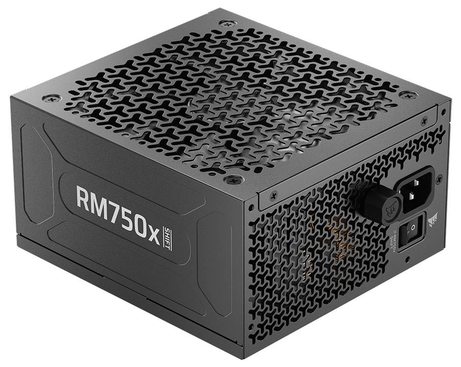 Eine schwarze RM750x Netzteileinheit mit belüfteter Gitterdesign, Modellbeschriftung an der Seite und Anschlüssen für Computerkomponenten.
