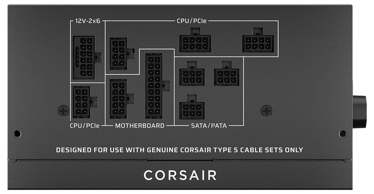 Corsair Netzteil, mit beschrifteten Anschlüssen: CPU/PCIe, Mainboard, SATA/PATA, 12V-2x6. Nur für Verwendung mit Corsair Type 5 Kabelsätzen.