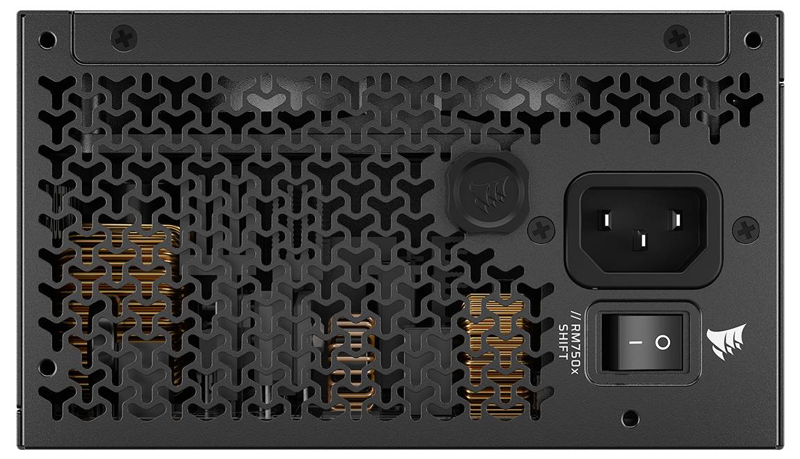 Eine Computernetzteileinheit mit einem Lüftergitter, Netzsteckdose und Ein-/Ausschalter. Das Markenlogo ist sichtbar.