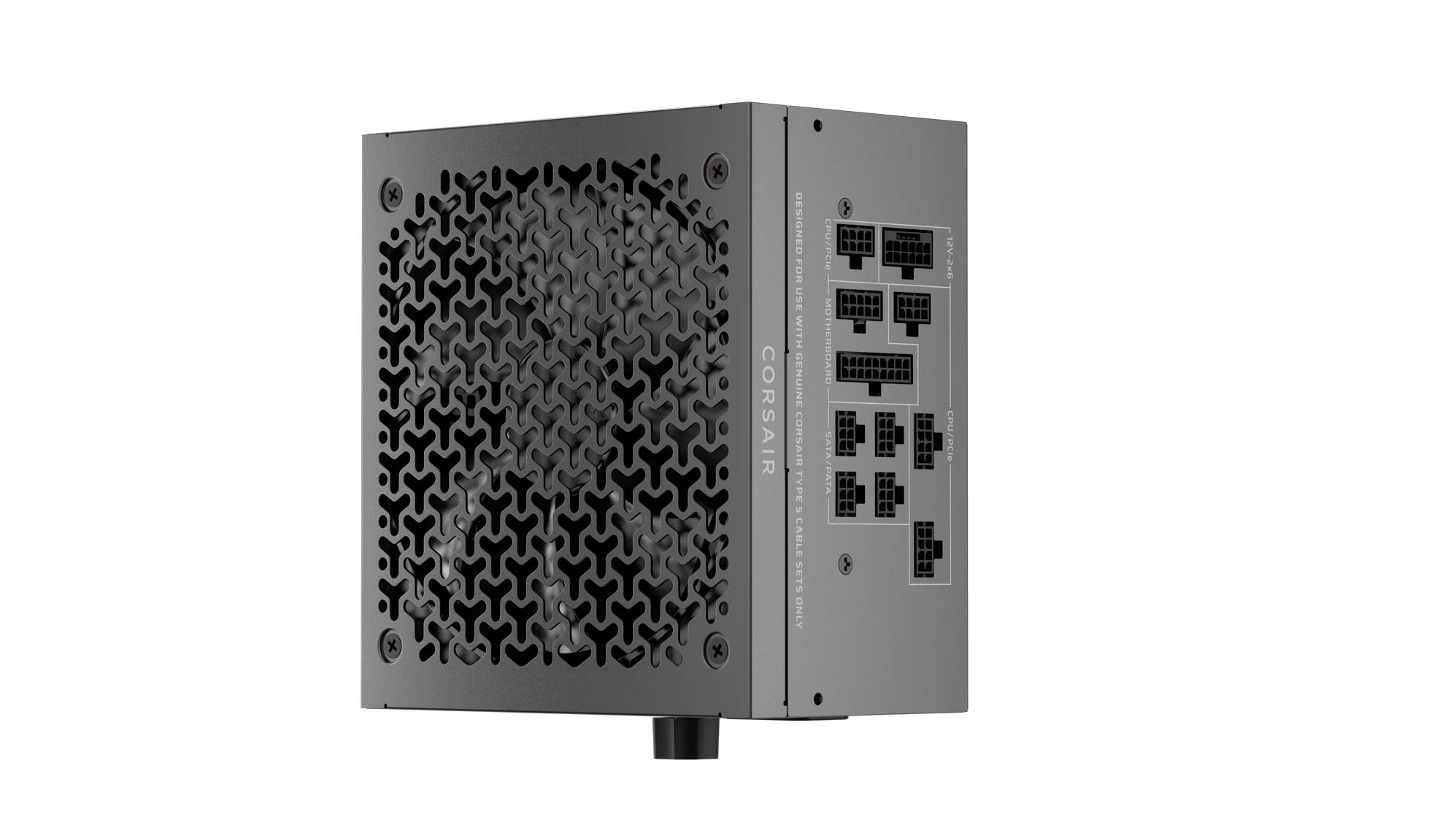 Eine schwarze Computer-Netzteileinheit mit einem Gittermuster an der Belüftungsseite und mehreren Anschlüssen auf der gegenüberliegenden Seite.