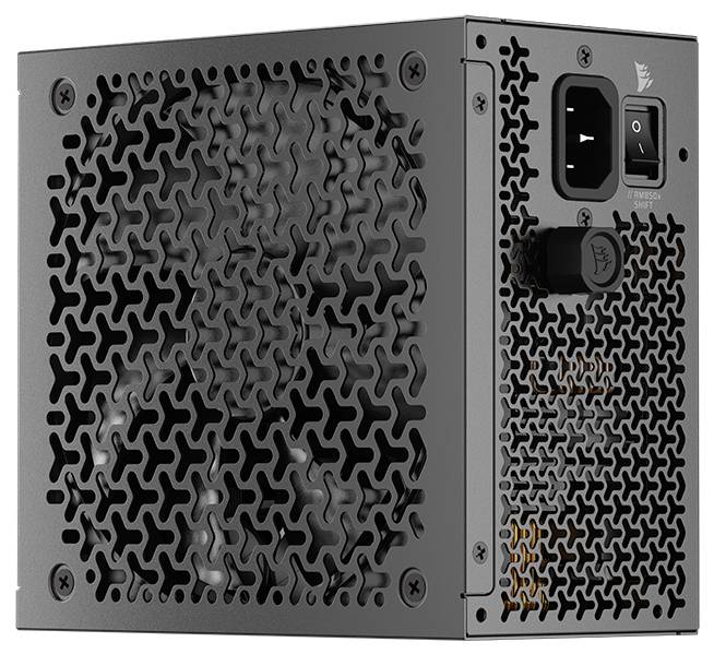 Eine Computernetzteile mit einem strukturierten Metallgehäuse, Kühlventilator an der Seite und Netzschalter auf dem Rückpanel.