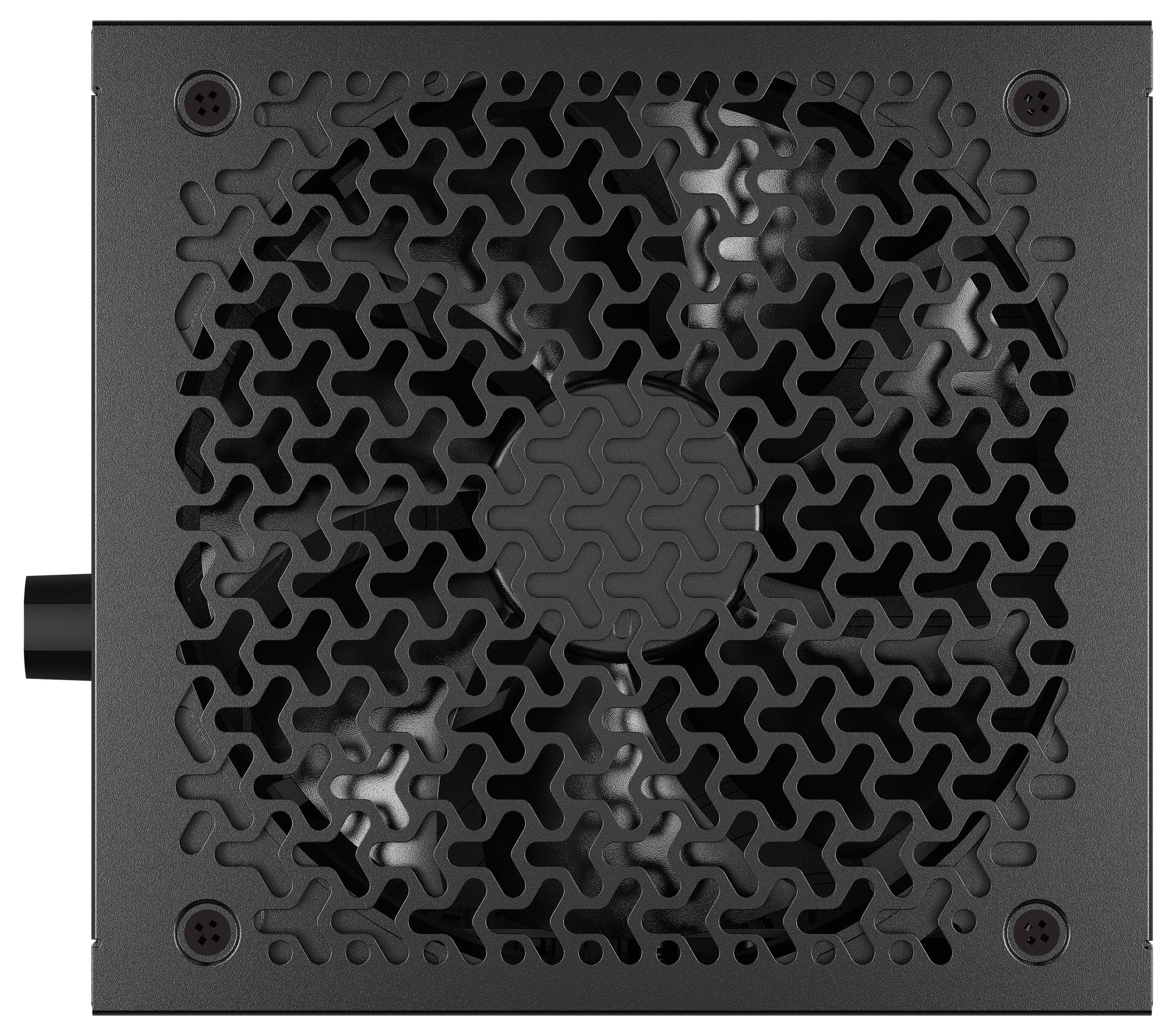 Eine schwarze Computernetzteile mit einem sichtbaren Lüfter und durchlöchertem Metallgitter.