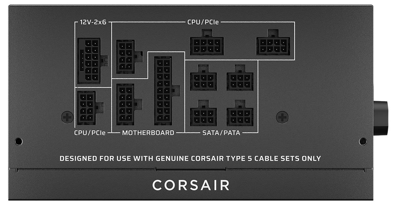 Corsair-Netzteil mit beschrifteten Anschlüssen für CPU/PCIe, Mainboard, SATA/PATA-Verbindungen. Text: Ausschließlich für die Verwendung mit originalen Corsair Type 5 Kabelsets entwickelt.