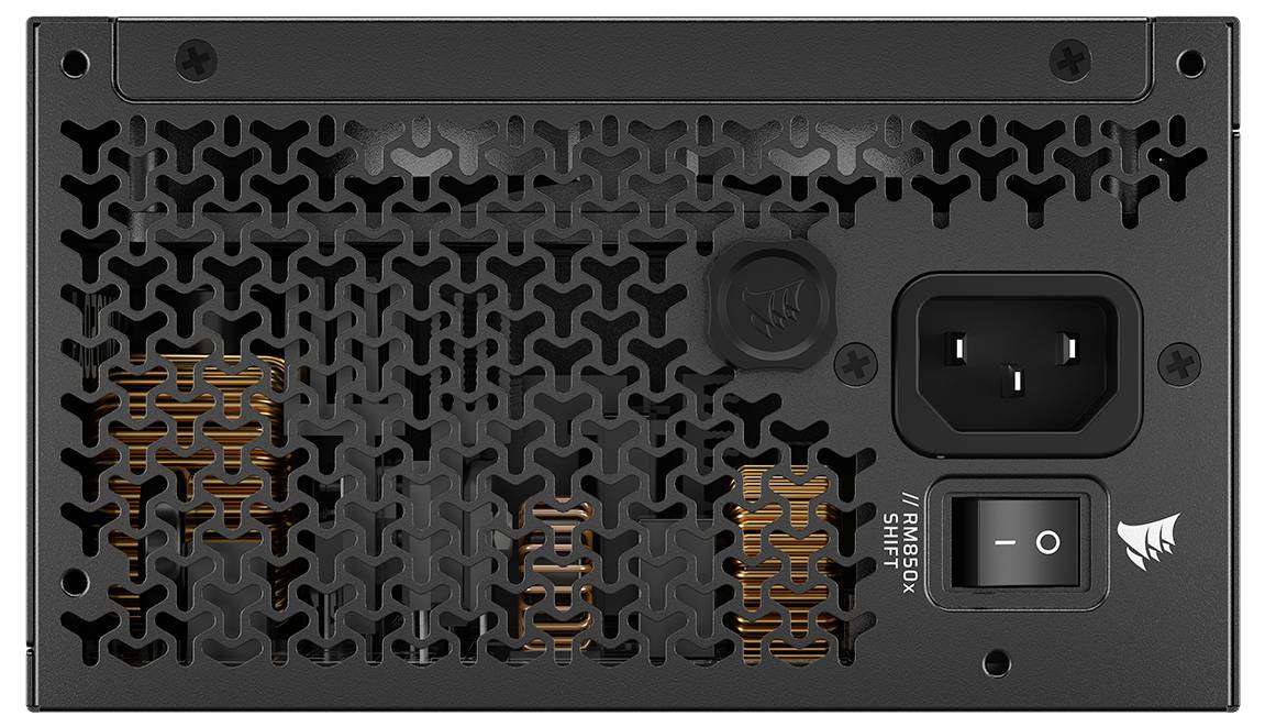 Ein Netzteil mit einem Lüftungsmuster in Wabennetzstruktur, das einen Ein-/Ausschalter und eine Strombuchse auf der Rückseite aufweist.