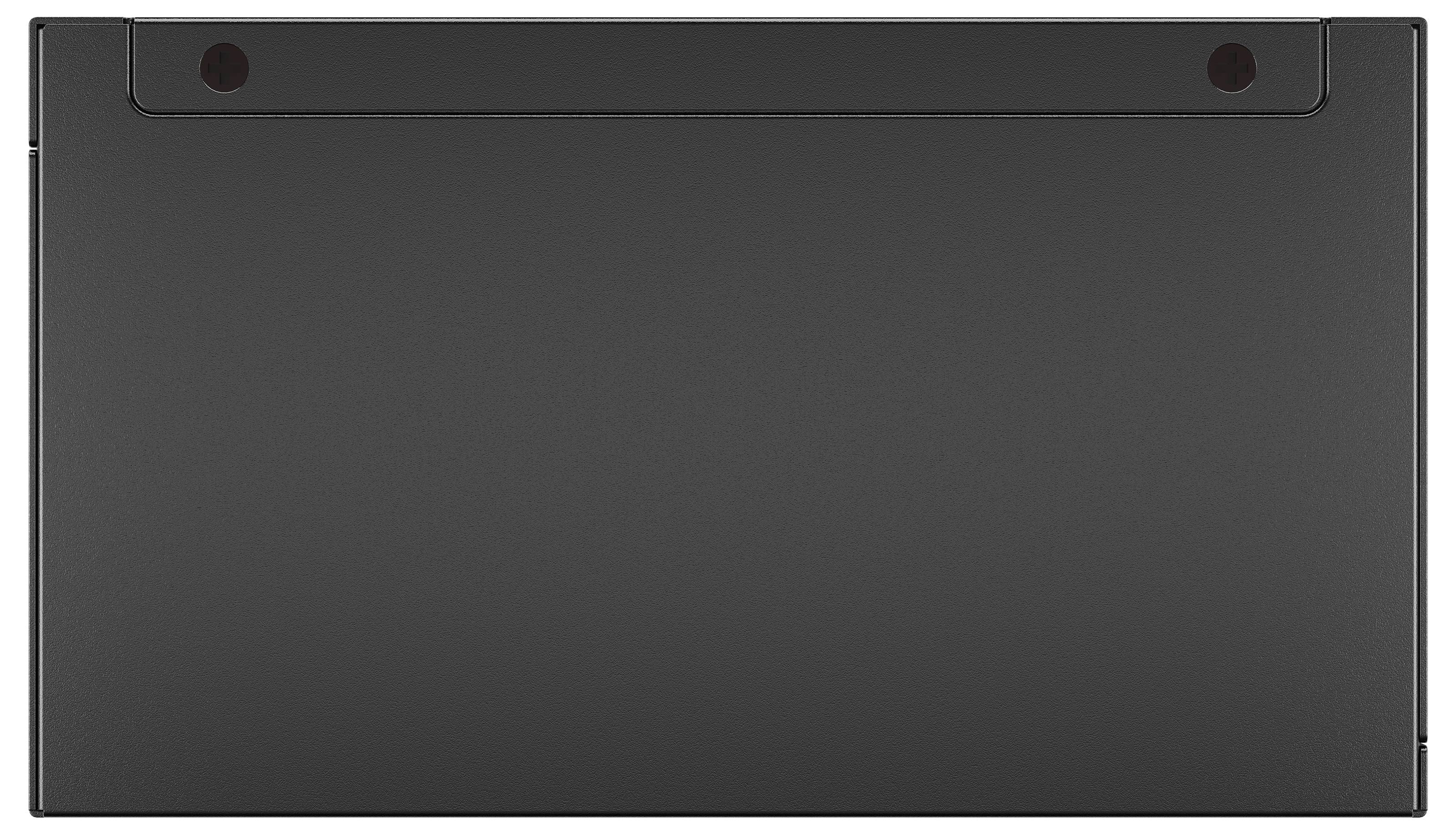 Das Bild zeigt die Rückseite eines geschlossenen schwarzen Laptops mit abgerundeten Ecken und kleinen Gummifüßen für Stabilität.