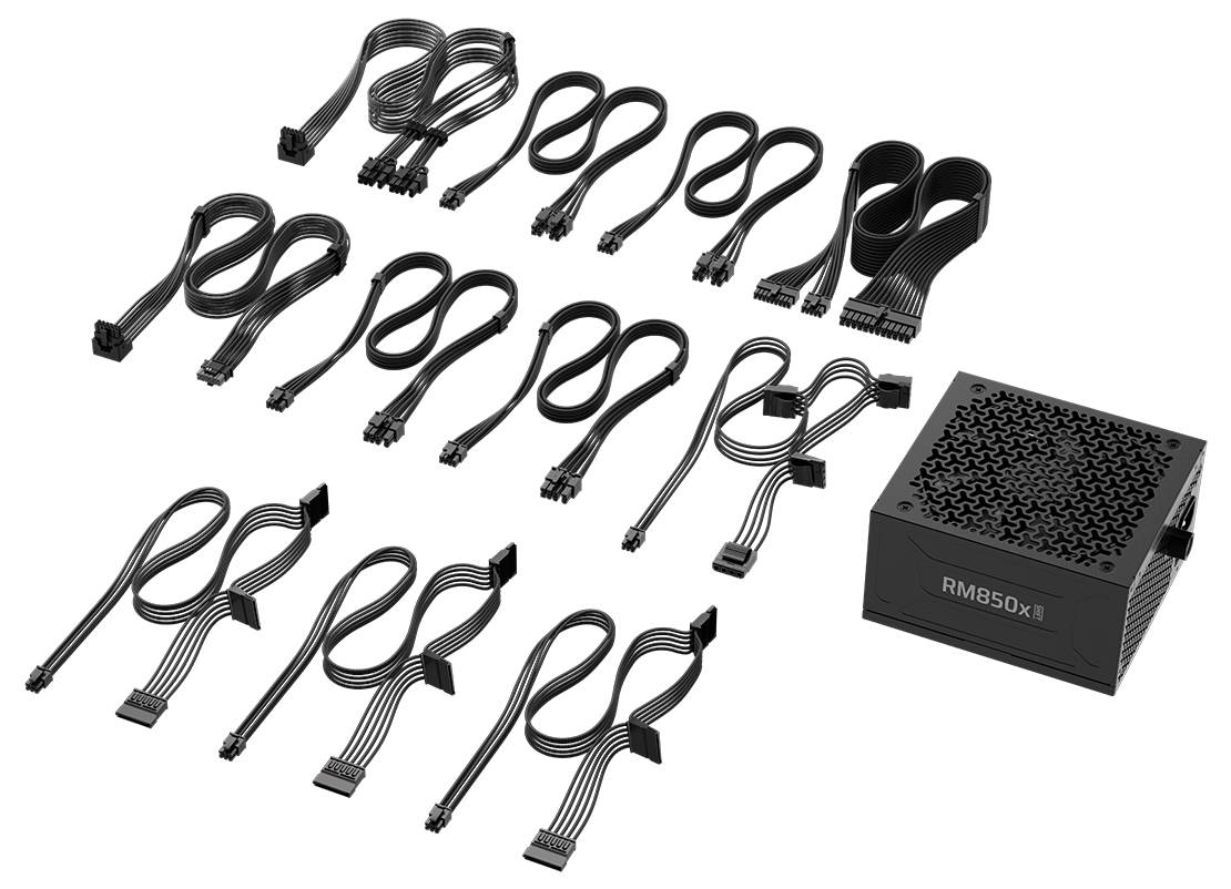 Ein Netzteil mit der Modellnummer 'RM850x' wird zusammen mit mehreren schwarzen Kabeln unterschiedlicher Typen und Anschlüsse gezeigt.