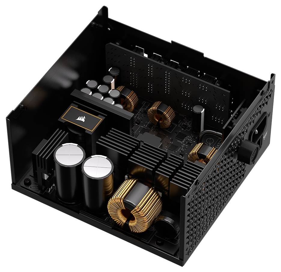 Eine teilweise geöffnete Computernetzteils, das elektronische Komponenten wie Kondensatoren, Spulen und eine Leiterplatte zeigt.