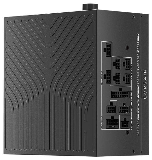Ein schwarzes Corsair-Netzteil mit verschiedenen beschrifteten Anschlüssen für Verbindungen, einschließlich CPU-, Peripheral- und Mainboard-Steckplätzen.